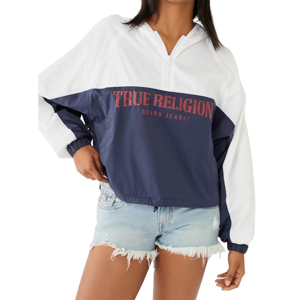True Religion Oversized Windbreaker Women M White Navy Blocked Pullover